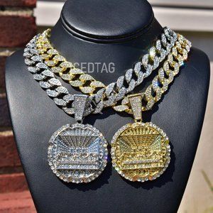Full Iced Out Men Bling Jumbo Religious Last Supper Pendant, 18" Miami Cuban Set